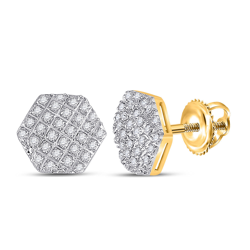 10kt Yellow Gold Mens Round Diamond Hexagon Cluster Earrings 1/6 Cttw