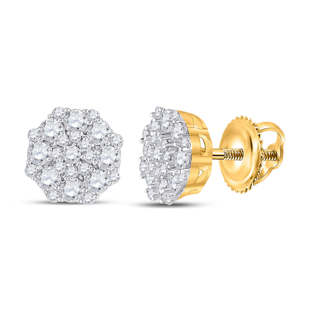 14kt Yellow Gold Womens Round Diamond Octagon Cluster Earrings 5/8 Cttw