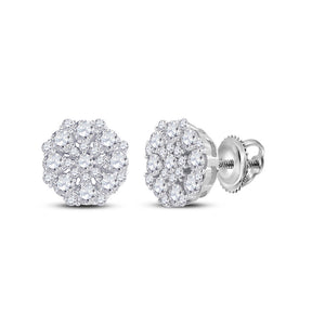 14kt White Gold Womens Round Diamond Octagon Cluster Earrings 7/8 Cttw