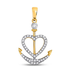 14kt Yellow Gold Womens Round Diamond Anchor Heart Pendant 1/8 Cttw