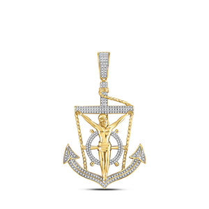 10kt Yellow Gold Mens Round Diamond Anchor Jesus Cross Charm Pendant 1/2 Cttw