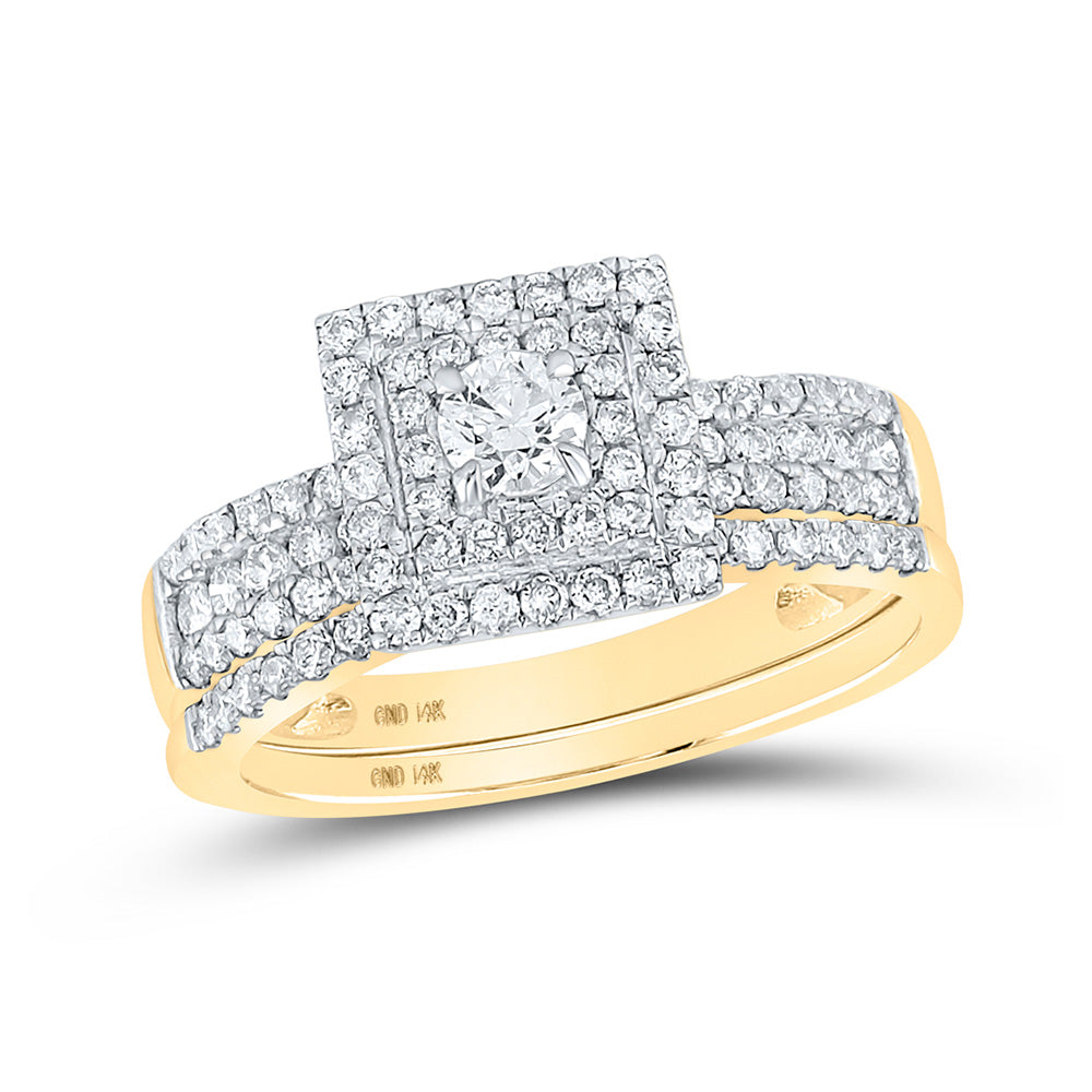 14kt Yellow Gold Round Diamond Halo Bridal Wedding Ring Band Set 7/8 Cttw