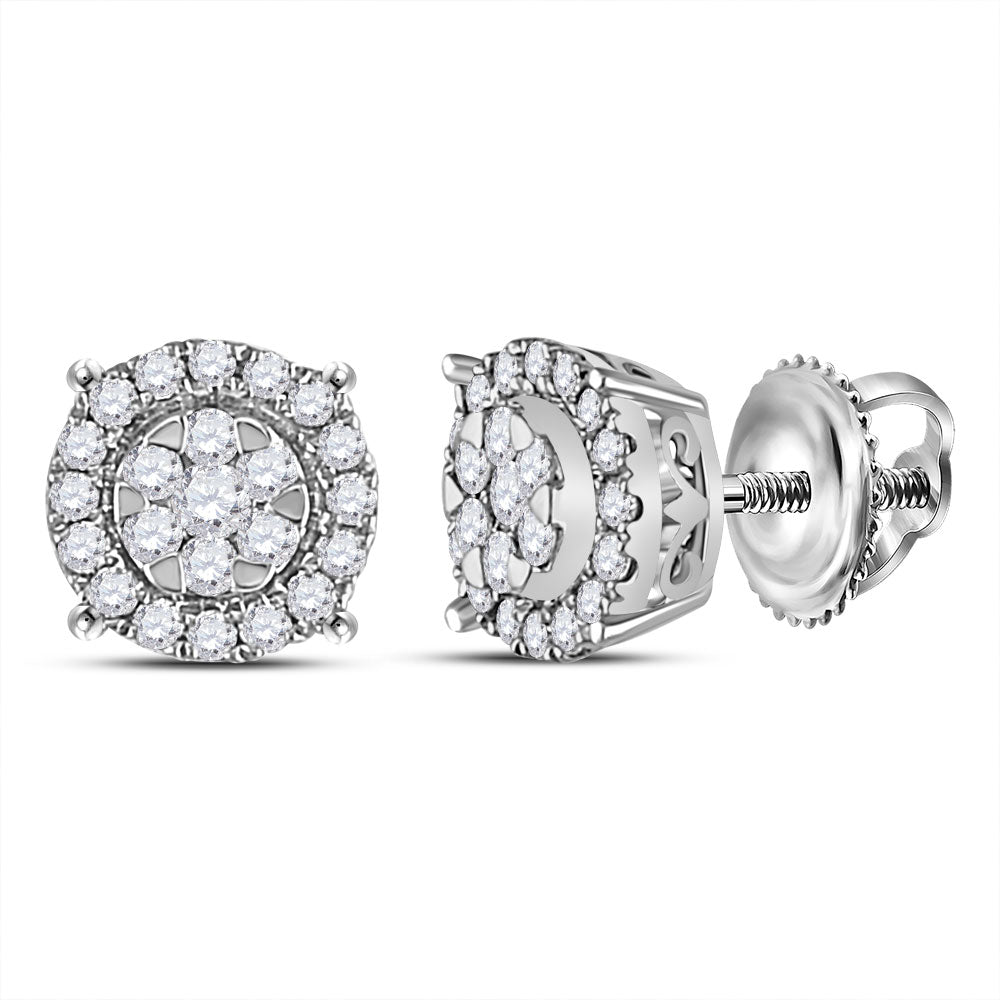 14kt White Gold Womens Round Diamond Circle Halo Cluster Earrings 1/4 Cttw