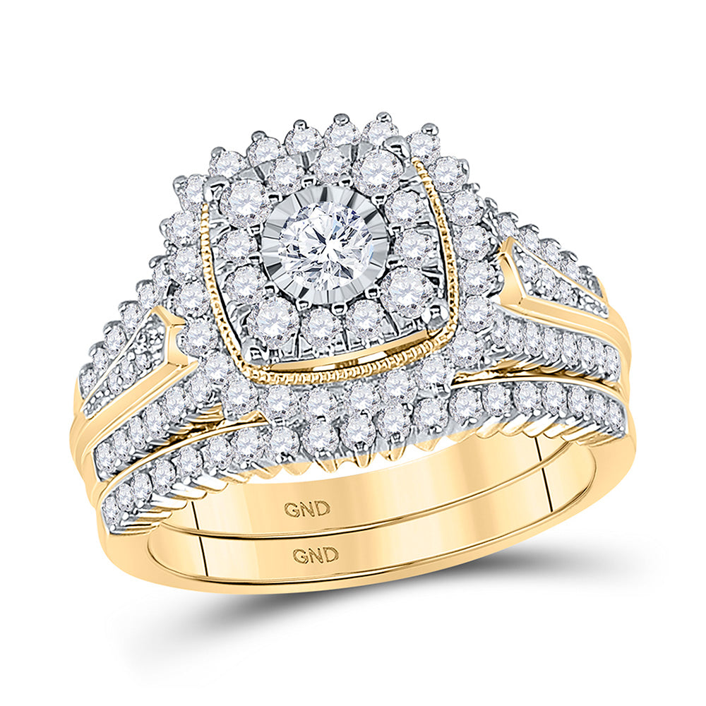 10kt Yellow Gold Round Diamond Halo Bridal Wedding Ring Band Set 1-1/4 Cttw