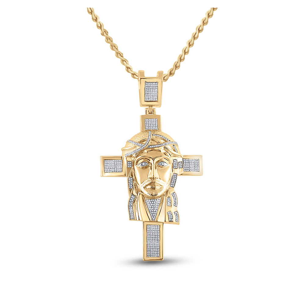 10kt Yellow Gold Mens Round Diamond Jesus Face Cross Charm Pendant 1-1/4 Cttw