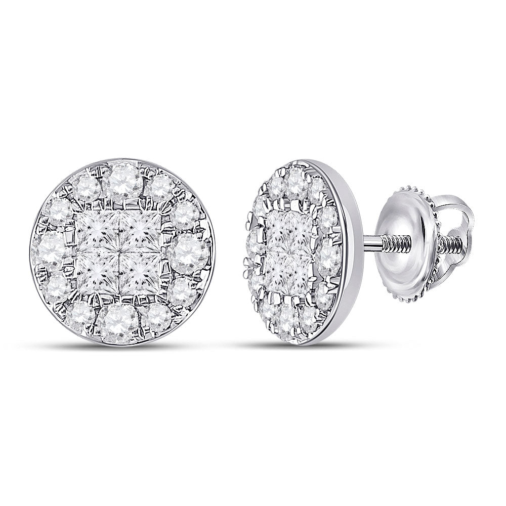 14kt White Gold Womens Princess Round Diamond Cluster Earrings 1 Cttw