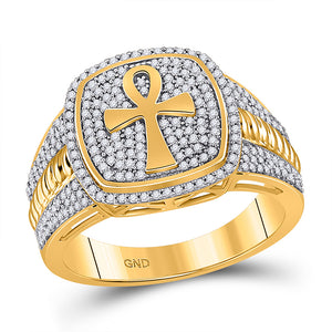 10kt Yellow Gold Mens Round Diamond Ankh Cross Ring 5/8 Cttw