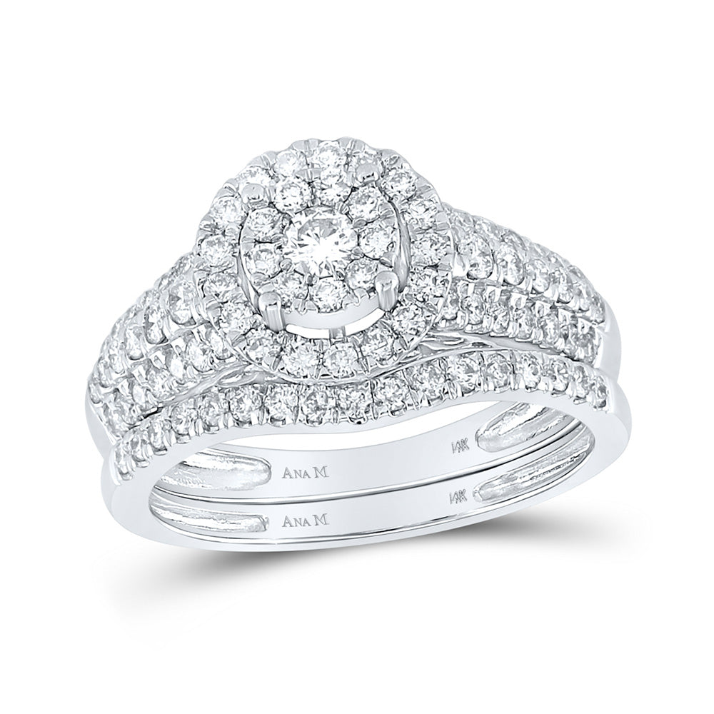 14kt White Gold Round Diamond Cluster Halo Bridal Wedding Ring Band Set 1 Cttw