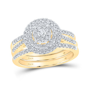 14kt Yellow Gold Round Diamond Cluster Bridal Wedding Ring Band Set 3/4 Cttw