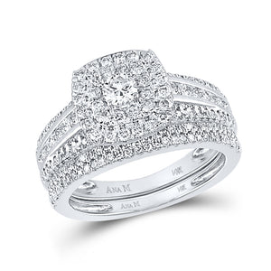 14kt White Gold Round Diamond Square Halo Bridal Wedding Ring Band Set 1 Cttw