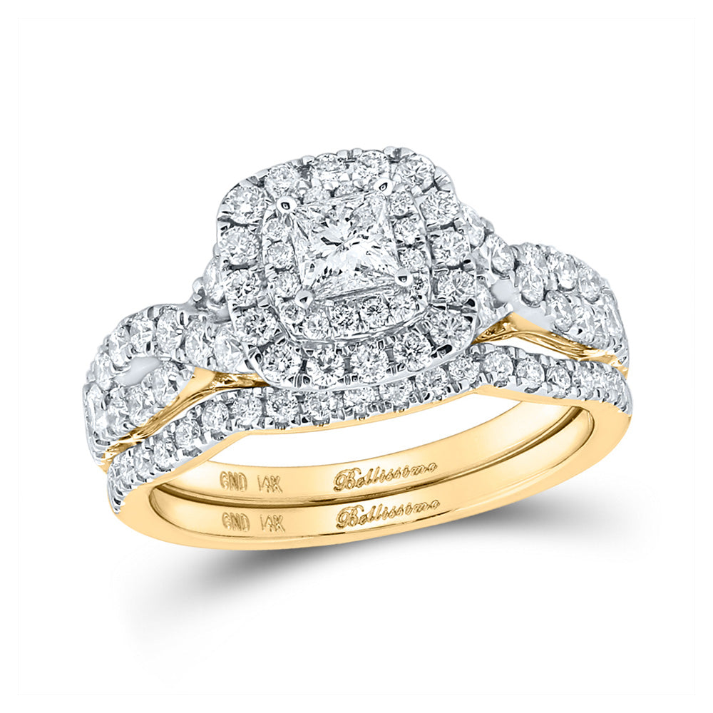 14kt Yellow Gold Princess Diamond Halo Bridal Wedding Ring Band Set 1-1/4 Cttw