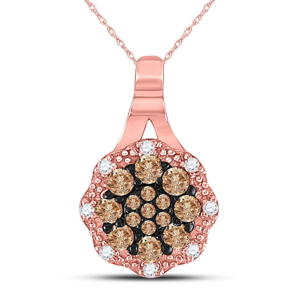 14kt Rose Gold Womens Round Brown Diamond Cluster Pendant 1/4 Cttw