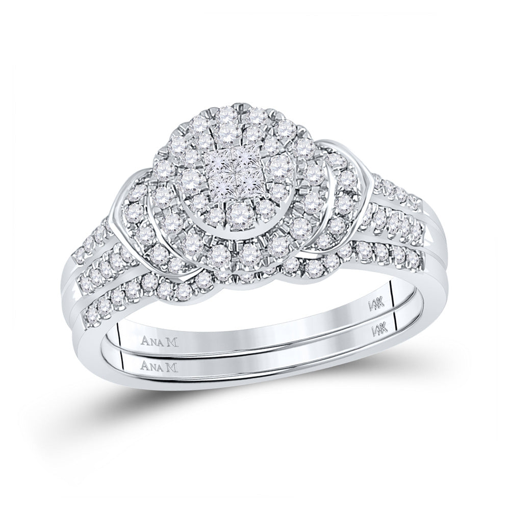 14kt White Gold Princess Diamond Circle Bridal Wedding Ring Band Set 1/2 Cttw