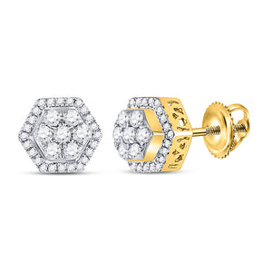 10kt Yellow Gold Mens Round Diamond Hexagon Cluster Earrings 1/2 Cttw