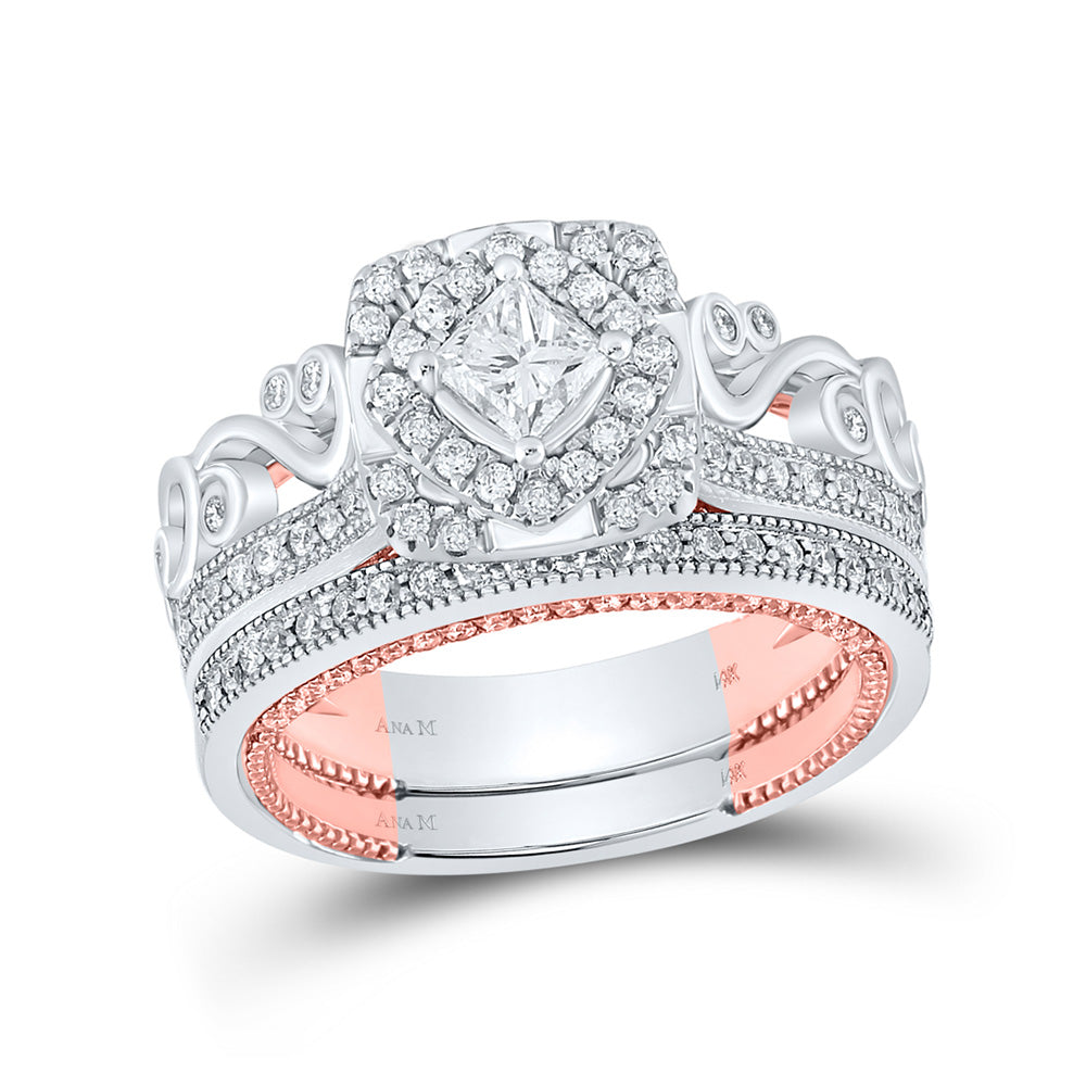 14kt Two-tone Gold Princess Diamond Bridal Wedding Ring Band Set 1-1/3 Cttw