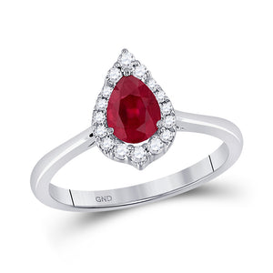 14kt White Gold Womens Pear Ruby Diamond Halo Fashion Ring 3/4 Cttw