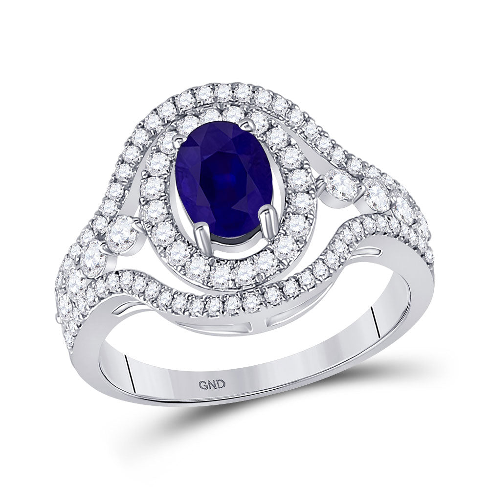 14kt White Gold Womens Oval Blue Sapphire Diamond Solitaire Ring 1-1/2 Cttw