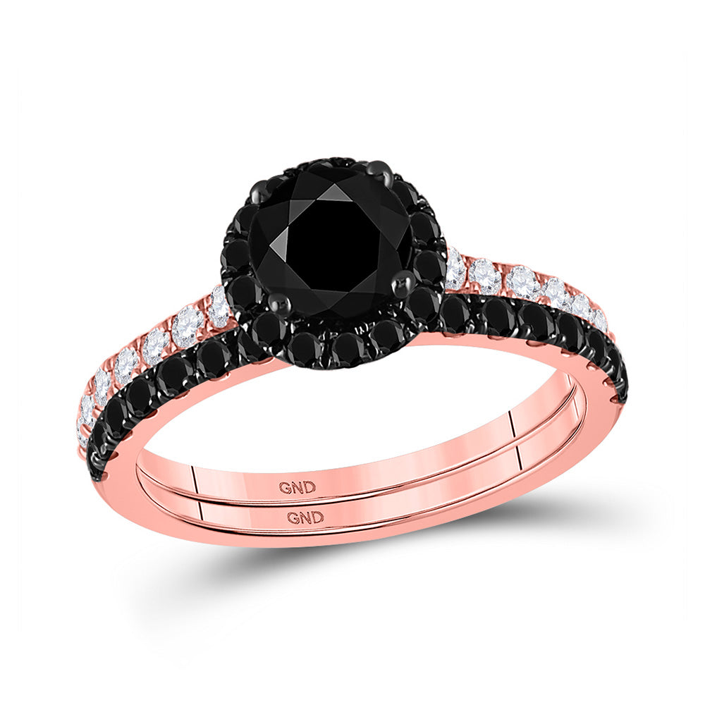 14kt Rose Gold Womens Round Black Color Enhanced Diamond Bridal Wedding Ring Set 2-1/5 Cttw
