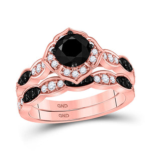 14kt Rose Gold Womens Round Black Color Enhanced Diamond Bridal Wedding Ring Band Set 2 Cttw