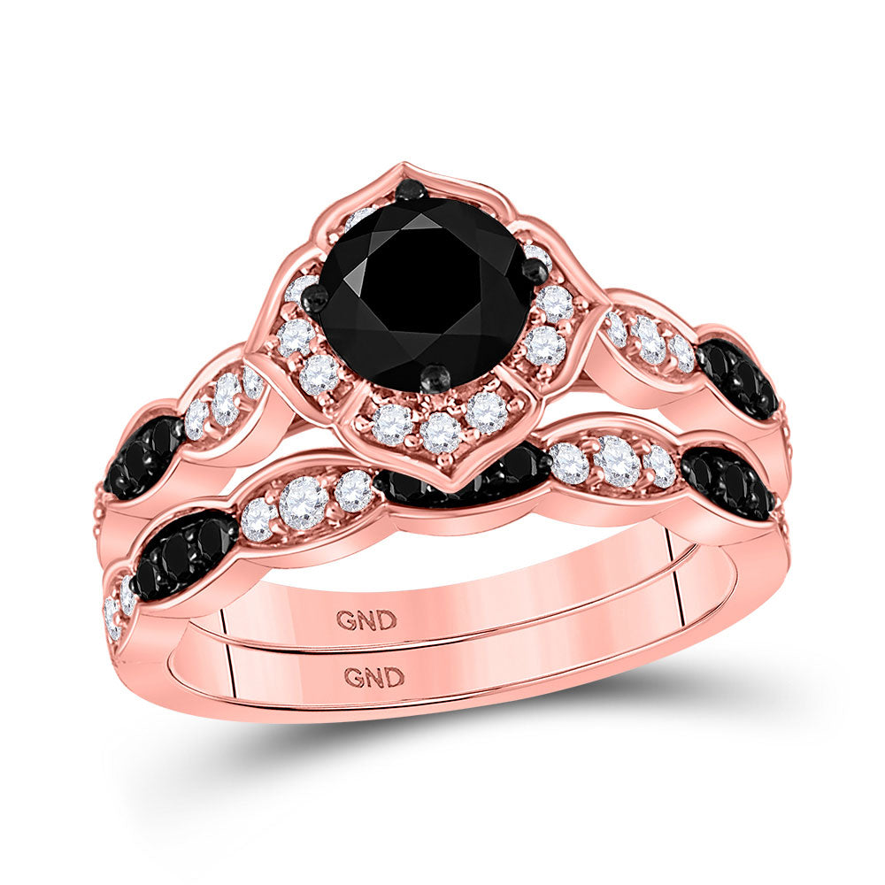 14kt Rose Gold Womens Round Black Color Enhanced Diamond Bridal Wedding Ring Band Set 2 Cttw