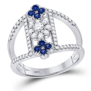 14kt White Gold Womens Round Blue Sapphire Diamond Fashion Ring 7/8 Cttw