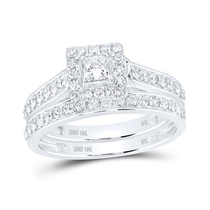 10kt White Gold Princess Diamond Bridal Wedding Ring Band Set 7/8 Cttw