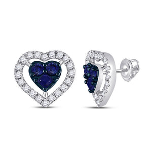 10kt White Gold Womens Round Blue Sapphire Diamond Heart Earrings 7/8 Cttw