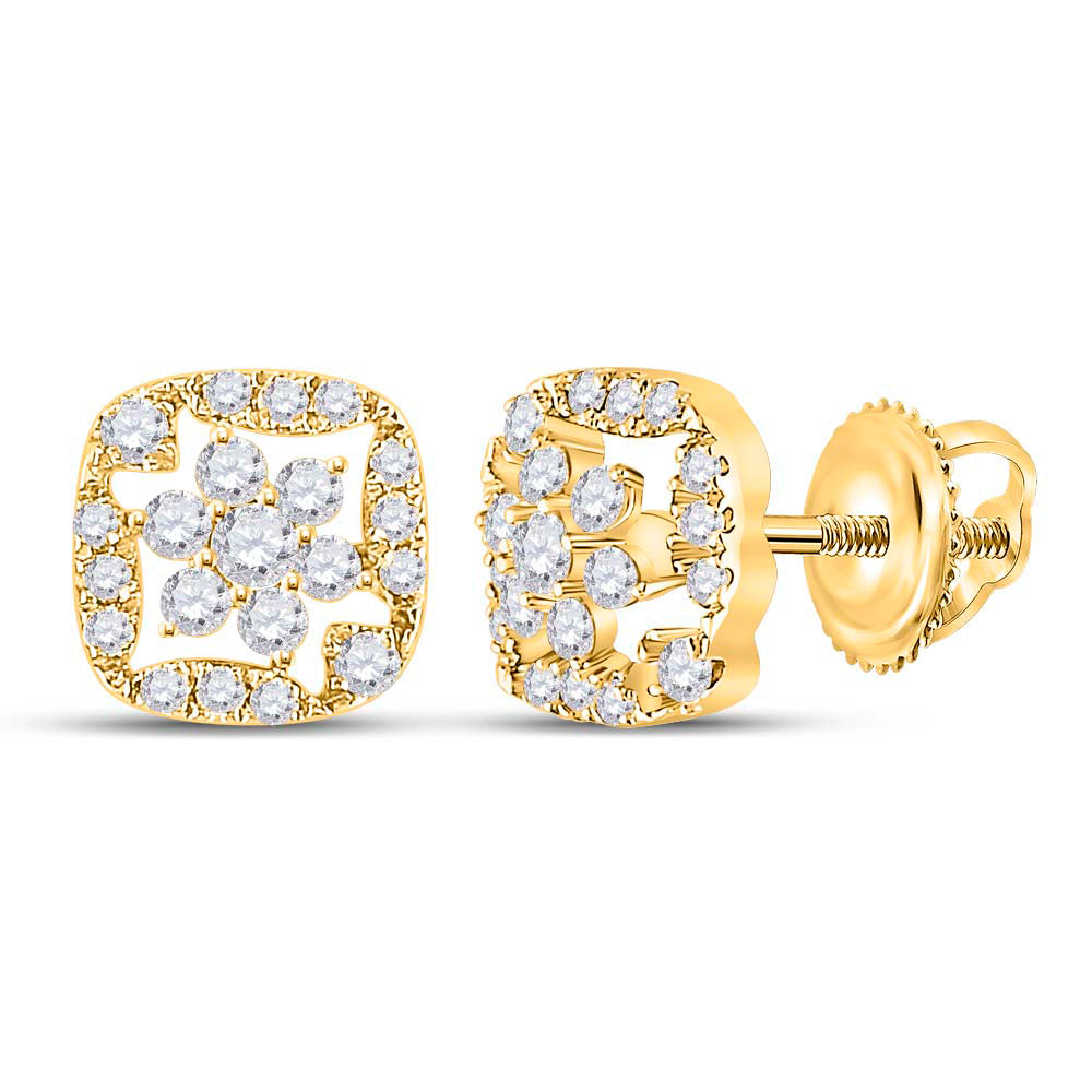 14kt Yellow Gold Womens Round Diamond Square Floral Cluster Earrings 3/8 Cttw