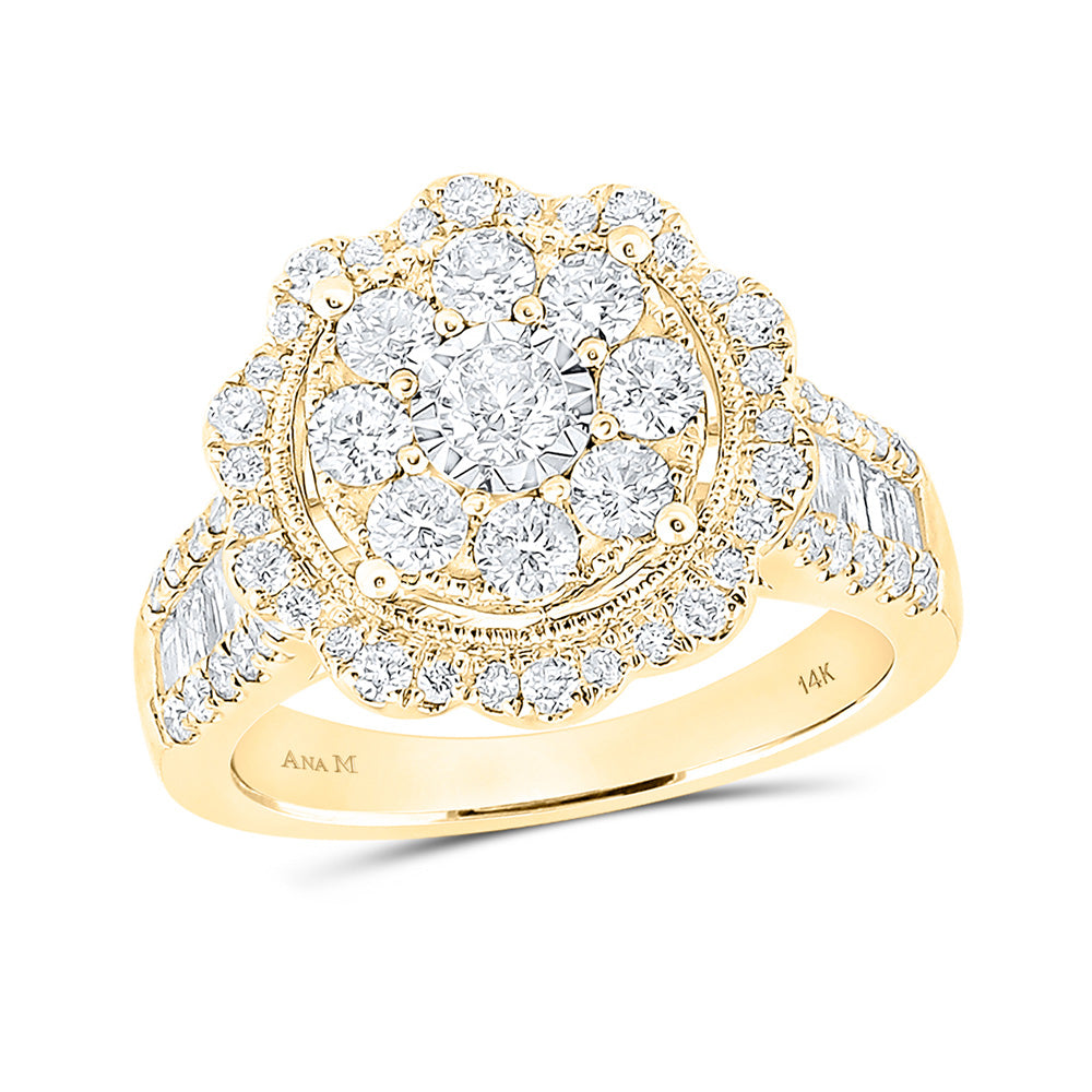 14kt Yellow Gold Womens Round Diamond Flower Cluster Ring 1-5/8 Cttw
