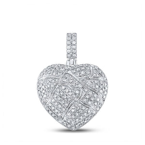10kt White Gold Mens Round Diamond Cracked Heart Charm Pendant 3/8 Cttw