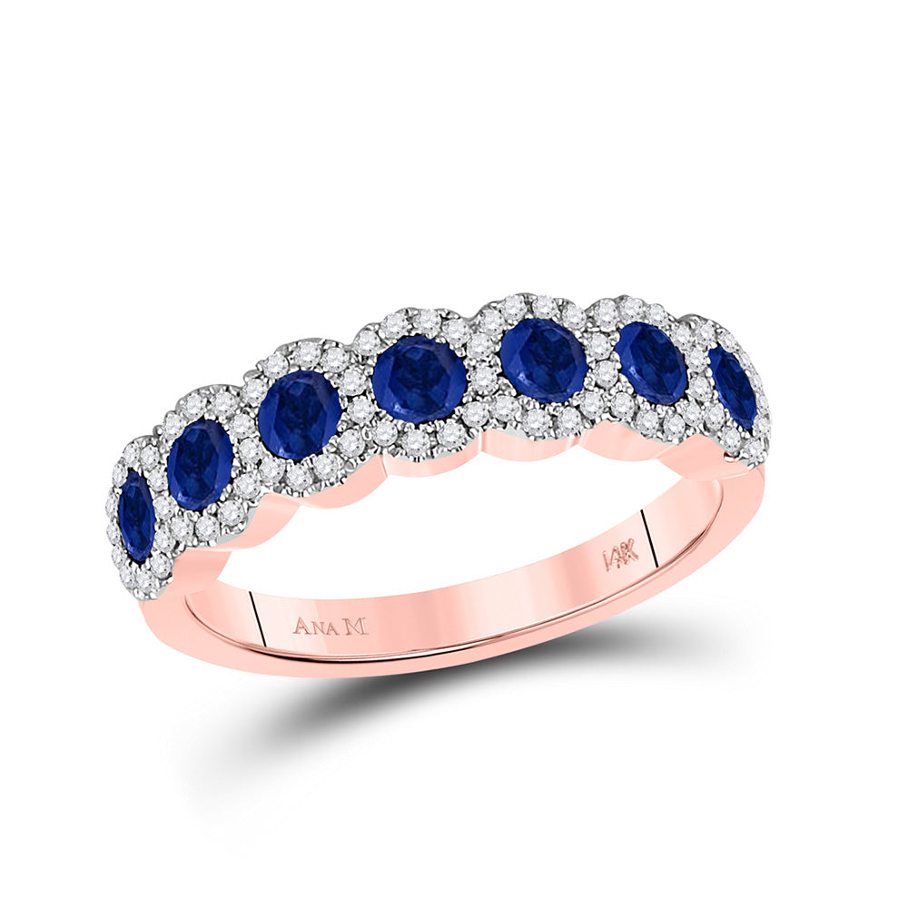 14kt Rose Gold Womens Round Blue Sapphire Diamond Band Ring 1-1/4 Cttw