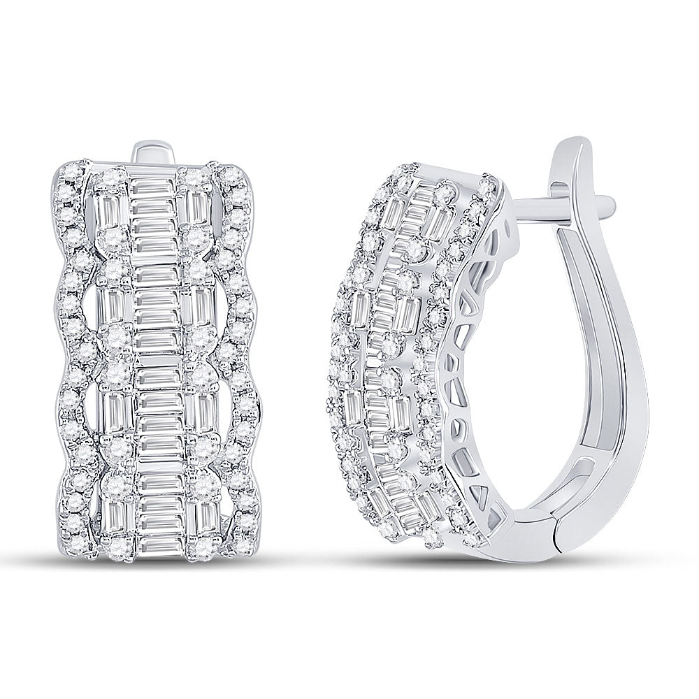 14kt White Gold Womens Baguette Diamond Fashion Hoop Earrings 1-5/8 Cttw