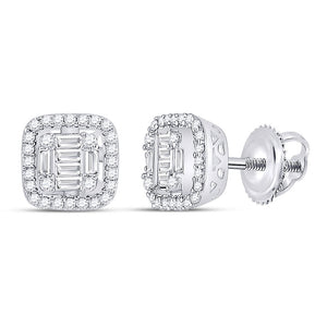 14kt White Gold Womens Baguette Diamond Fashion Cushion Cluster Earrings 3/8 Cttw