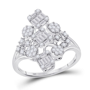 14kt White Gold Womens Baguette Diamond Scattered Cluster Ring 3/4 Cttw