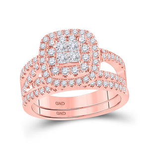 14kt Rose Gold Princess Diamond Bridal Wedding Ring Band Set 1 Cttw