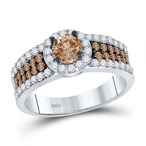 14kt White Gold Round Brown Diamond Halo Bridal Wedding Engagement Ring 1-1/4 Cttw