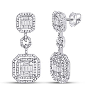 14kt White Gold Womens Baguette Diamond Octagon Dangle Earrings 1-1/2 Cttw