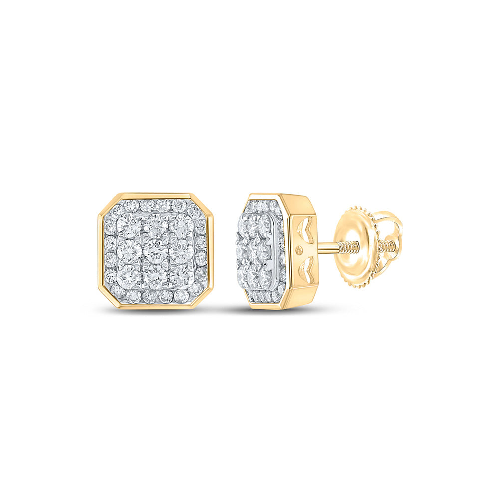 14kt Yellow Gold Mens Round Diamond Square Earrings 1 Cttw