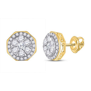 14kt Yellow Gold Mens Round Diamond Octagon Cluster Earrings 1 Cttw