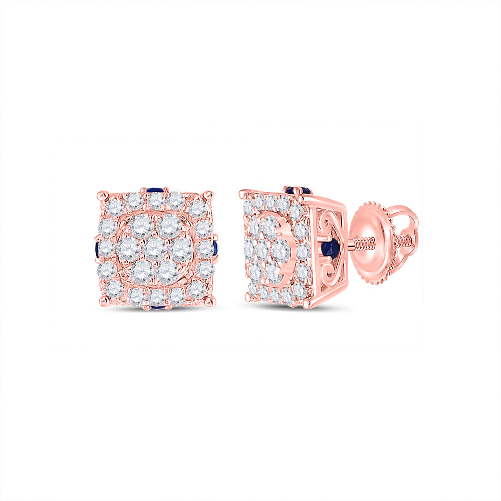 14kt Rose Gold Womens Round Diamond Blue Sapphire Cluster Earrings 1/2 Cttw