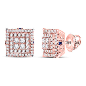 14kt Rose Gold Womens Round Diamond Blue Sapphire Square Earrings 1 Cttw