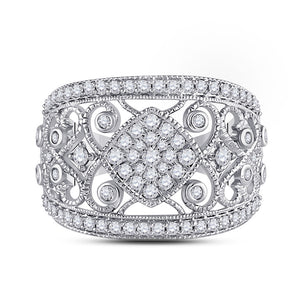 14kt White Gold Womens Round Diamond Filigree Fashion Ring 3/4 Cttw