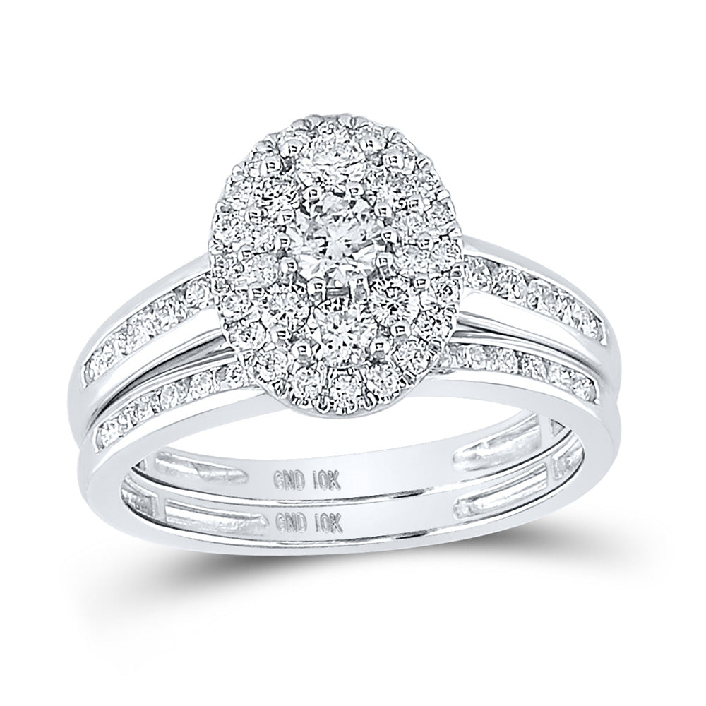 10kt White Gold Round Diamond Oval Bridal Wedding Ring Band Set 1 Cttw