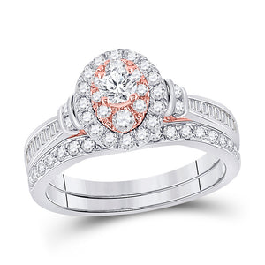 10kt Two-tone Gold Round Diamond Oval Halo Bridal Wedding Ring Band Set 1 Cttw