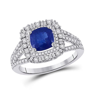 14kt White Gold Womens Cushion Blue Sapphire Diamond Halo Ring 2 Cttw