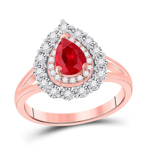 14kt Rose Gold Womens Pear Ruby Teardrop Diamond Halo Ring 1-1/4 Cttw