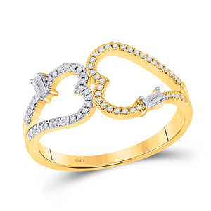 14kt Yellow Gold Womens Baguette Diamond Double Heart Ring 1/5 Cttw