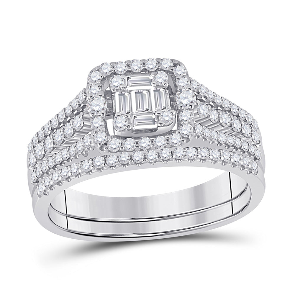 14kt White Gold Baguette Diamond Cluster Bridal Wedding Engagement Ring 7/8 Cttw