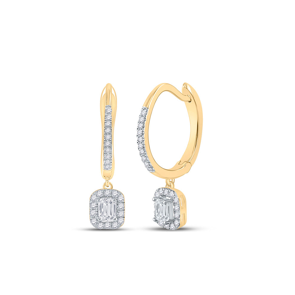 14kt Yellow Gold Womens Emerald Diamond Hoop Dangle Earrings 1/2 Cttw