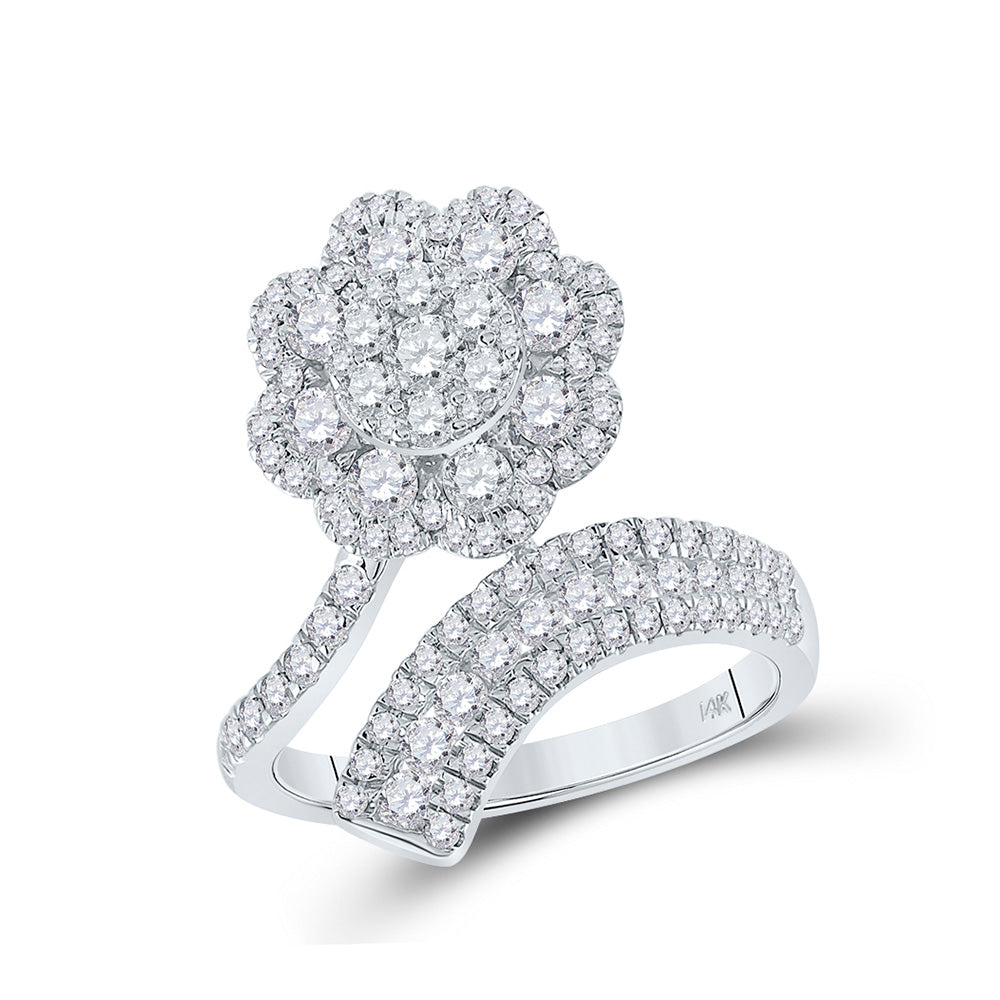14kt White Gold Womens Round Diamond Flower Bypass Cocktail Ring 1-1/2 Cttw